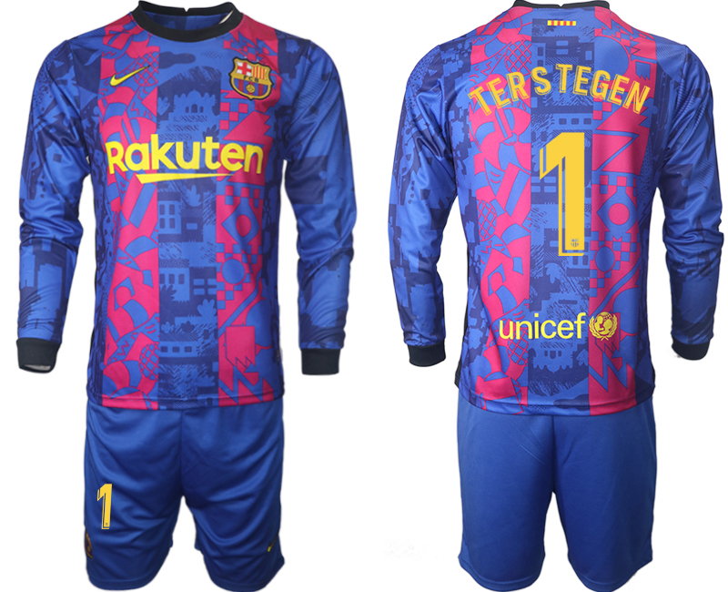 Men 2021-2022 Club Barcelona Second away blue Long Sleeve #1 Soccer Jersey->barcelona jersey->Soccer Club Jersey